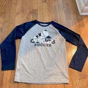 Boys 10-12 medium Adidas long sleeve blue/gray climalite shirt.
